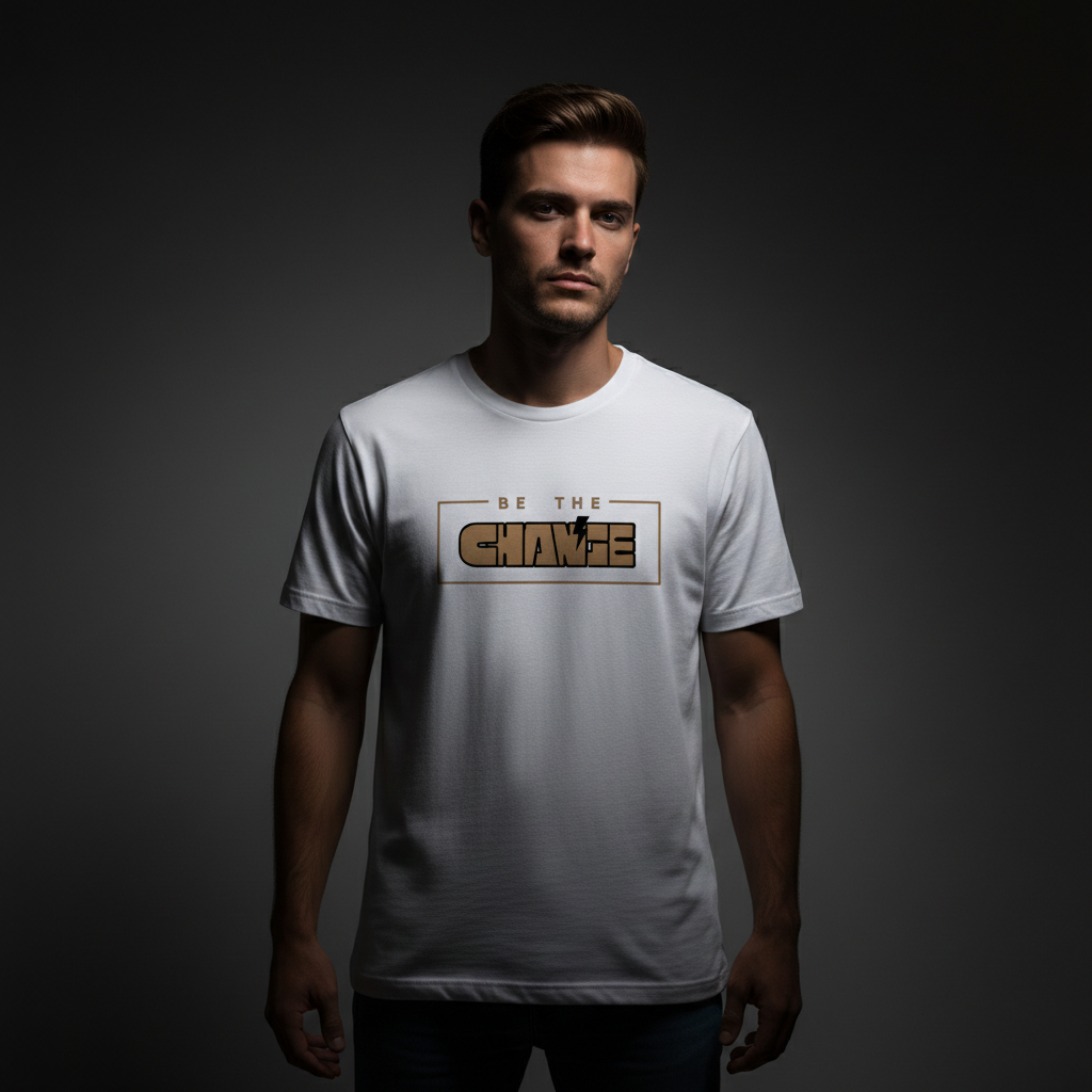 Model wearing Velmora Be The Change white pemium minimal motivational streetwear t-shirt front typography design