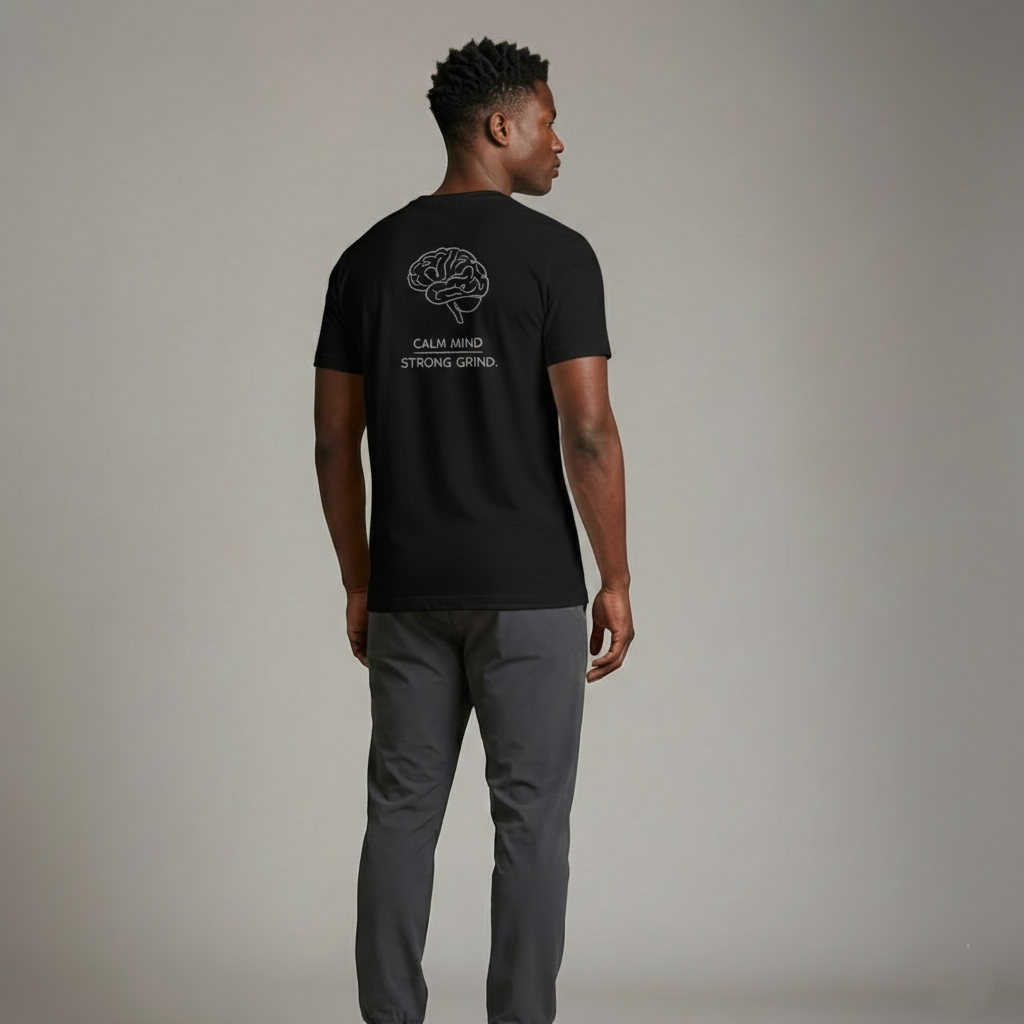 Model wearing Velmora Calm Mind Strong Grind black minimalist motivational streetwear t-shirt back print 