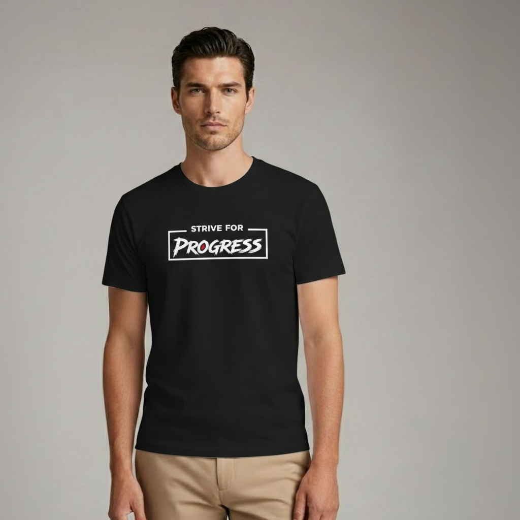 Model wearing Velmora Strive for Progress black minimalist motivational streetwear t-shirt 