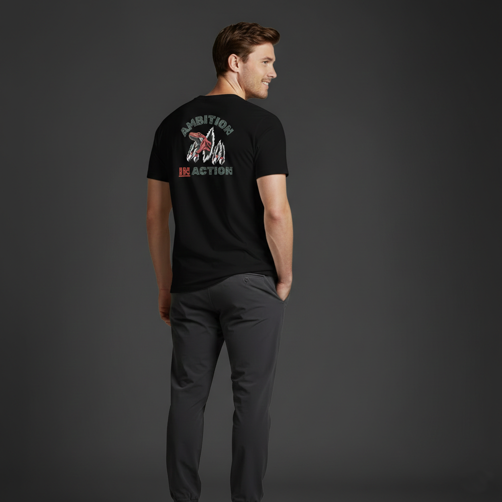 Model wearing Velmora Ambition in Action black motivational graphic streetwear t-shirt back print 