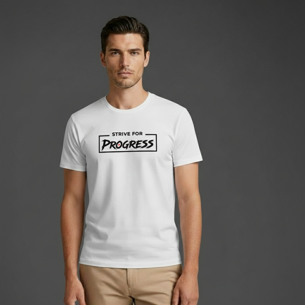 Model wearing Velmora Strive for Progress white minimalist motivational streetwear t-shirt 