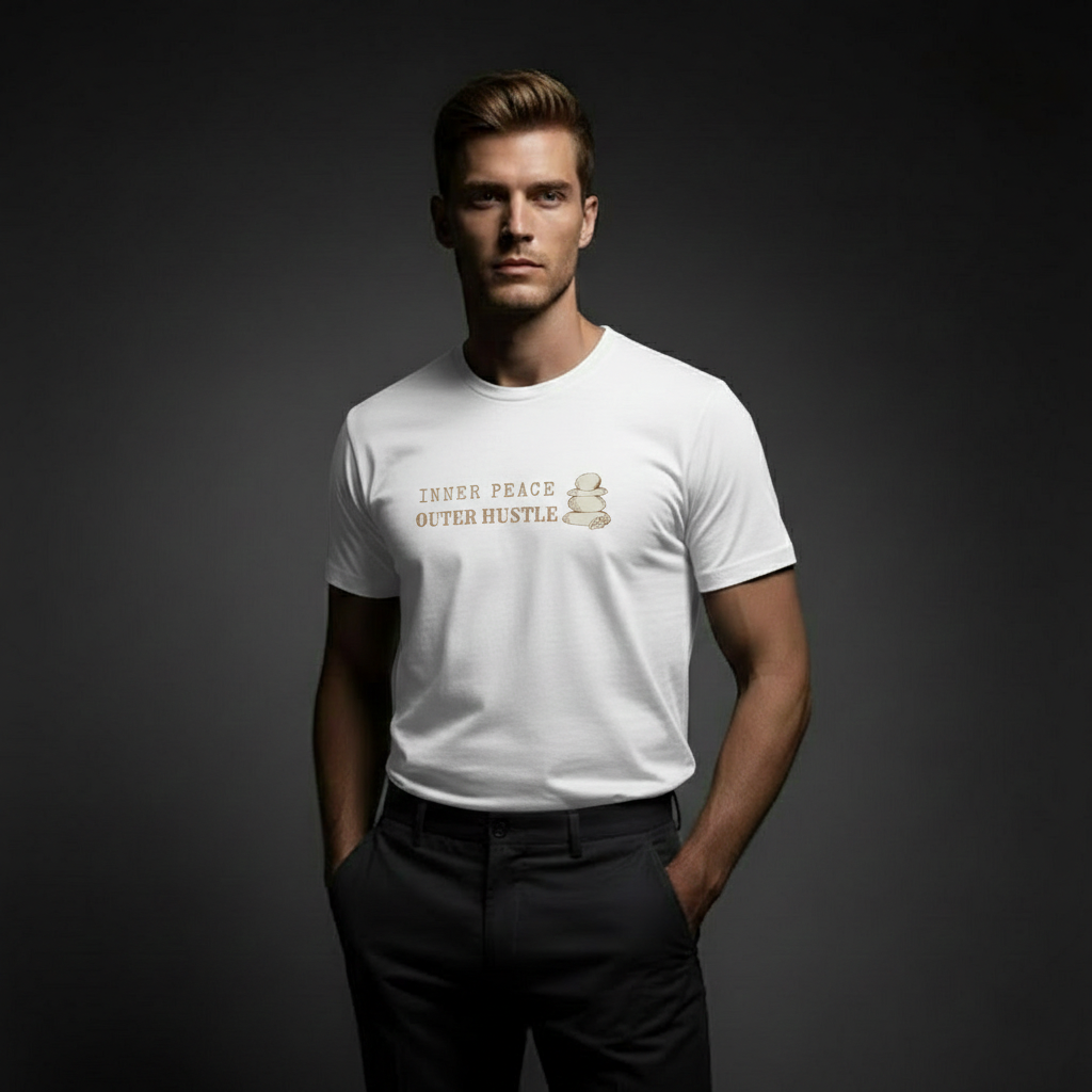 Model wearing Velmora Inner Peace Outer Hustle white premium cotton motivational minimal typography t-shirt