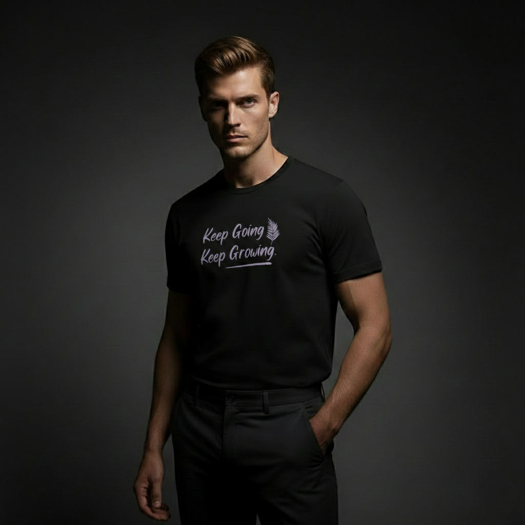 Model wearing Velmora Keep Going Keep Growing black minimalist motivational streetwear t-shirt