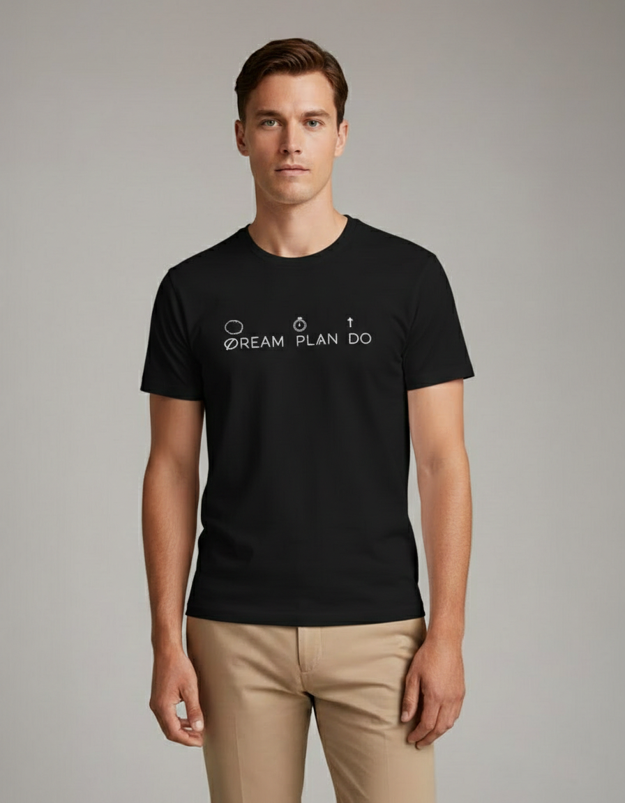 Model wearing Velmora Dream Plan Do black motivational minimal streetwear t-shirt front design 