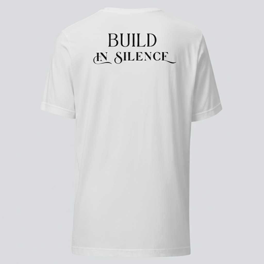 Velmora Build in Silence white premium cotton unisex minimal motivational graphic t-shirt back print 