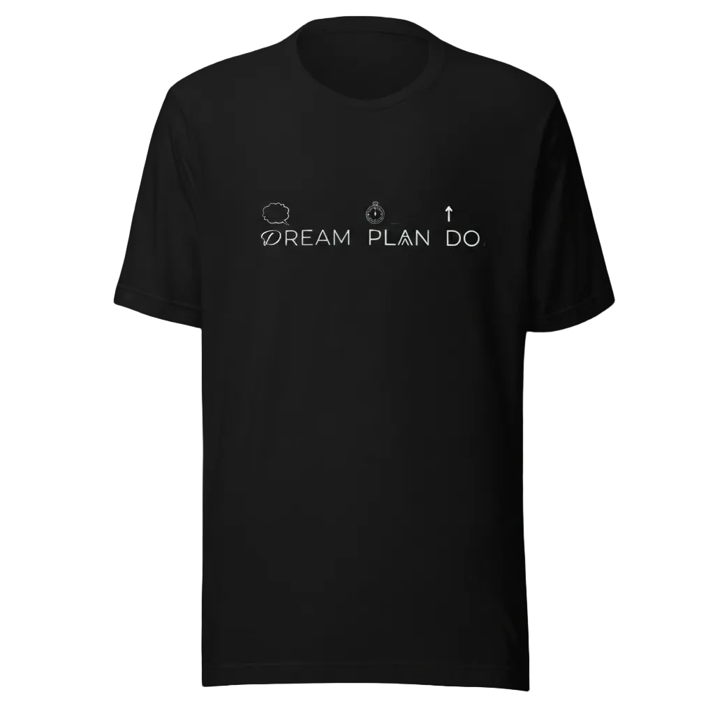 Velmora Dream Plan Do black premium cotton unisex motivational minimal graphic t-shirt front view with typography and icon print 