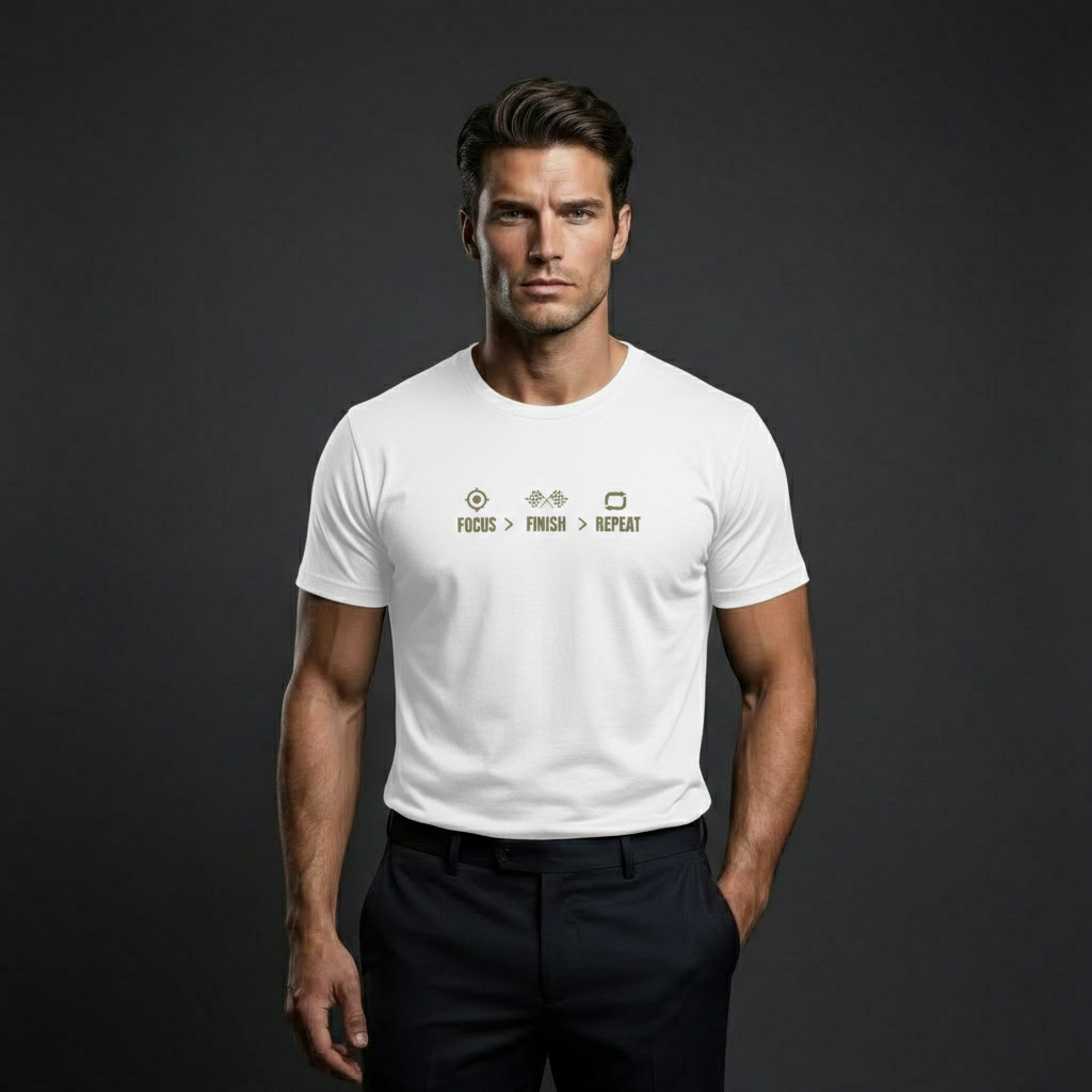 Model wearing Velmora Focus Finish Repeat white premium cotton motivational minimal typography t-shirt 
