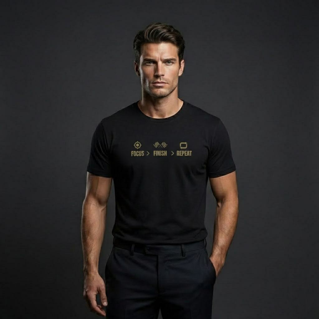 Model wearing Velmora Focus Finish Repeat black minimal motivational graphic streetwear t-shirt front print 