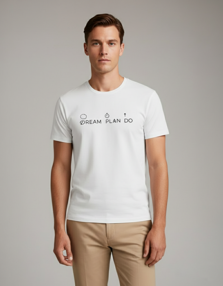 Model wearing Velmora Dream Plan Do white premium cotton motivational typography t-shirt front print 