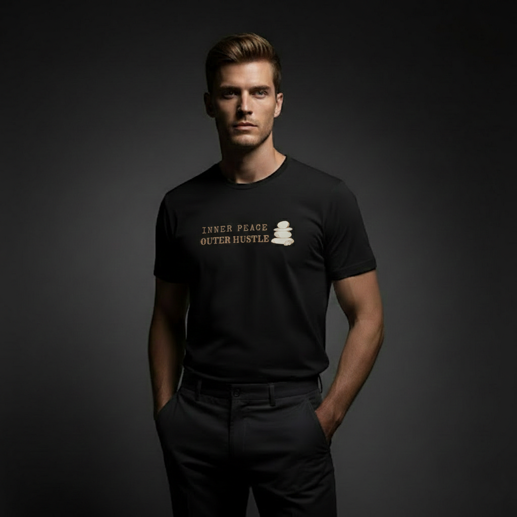 Model wearing Velmora Inner Peace Outer Hustle black minimal motivational graphic streetwear t-shirt front design 