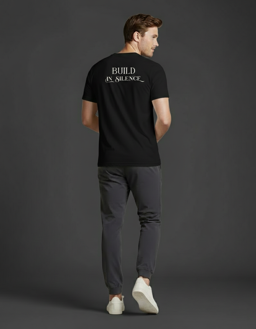 Model wearing Velmora Build in Silence black motivational minimal streetwear t-shirt back design 