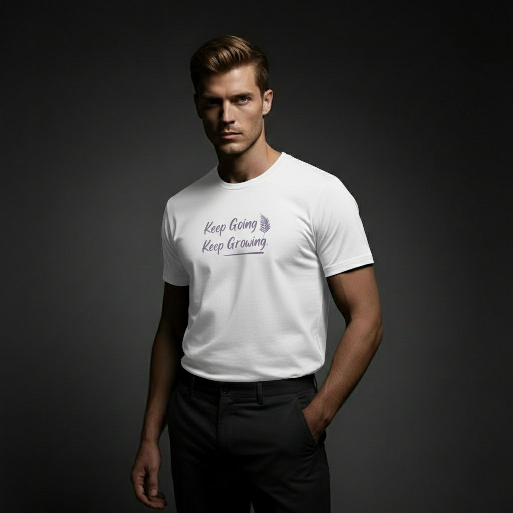 Model wearing Velmora Keep Going Keep Growing white minimalist motivational streetwear t-shirt