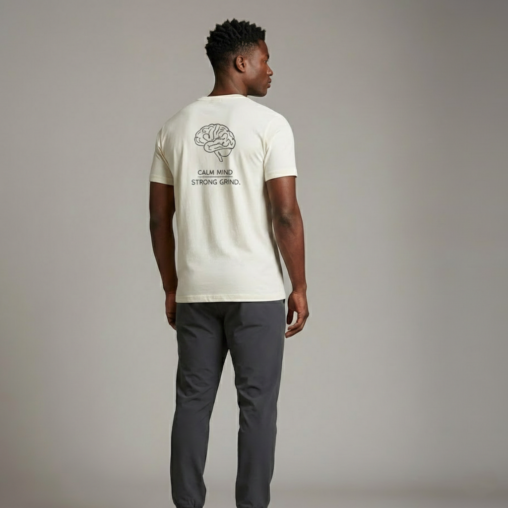 Model wearing Velmora Calm Mind Strong Grind white premium  minimalist motivational streetwear t-shirt back design 