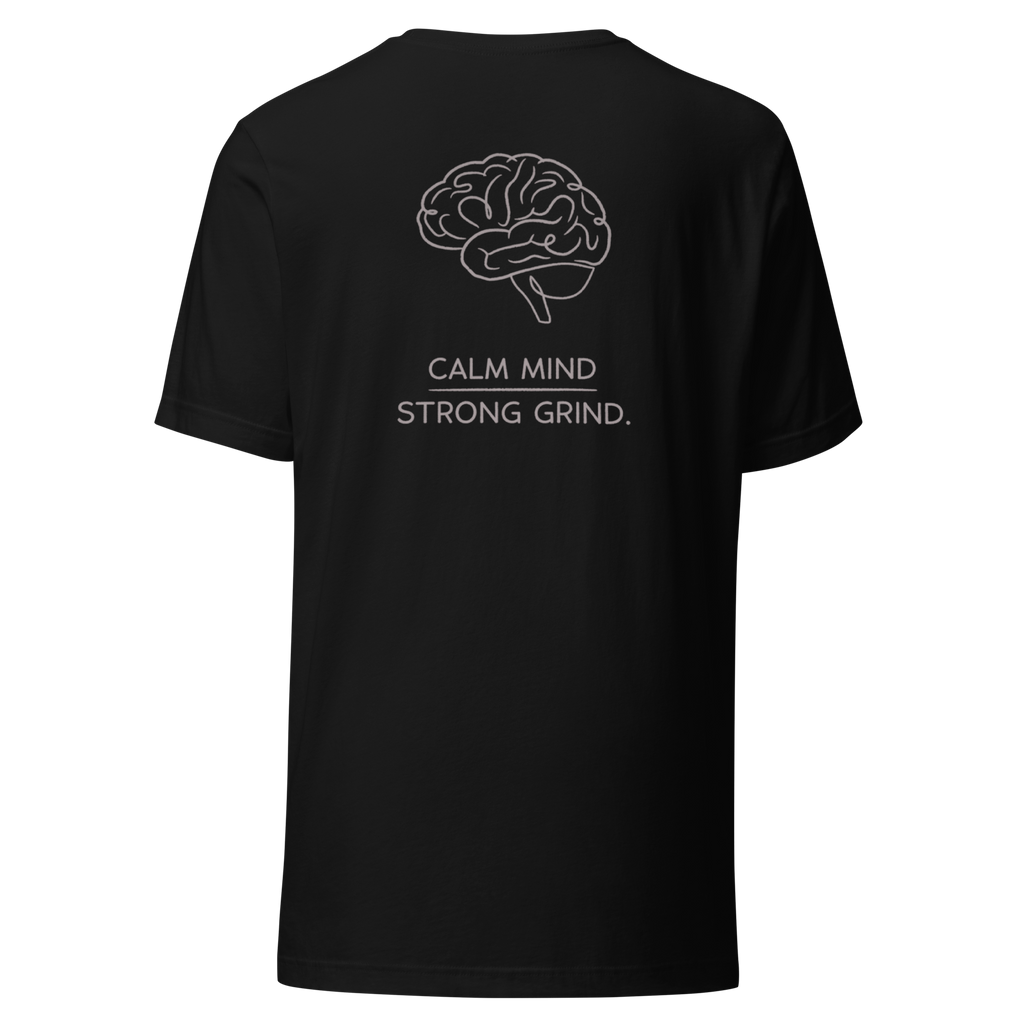Velmora Calm Mind Strong Grind black premium cotton unisex motivational streetwear t-shirt back view with brain graphic print