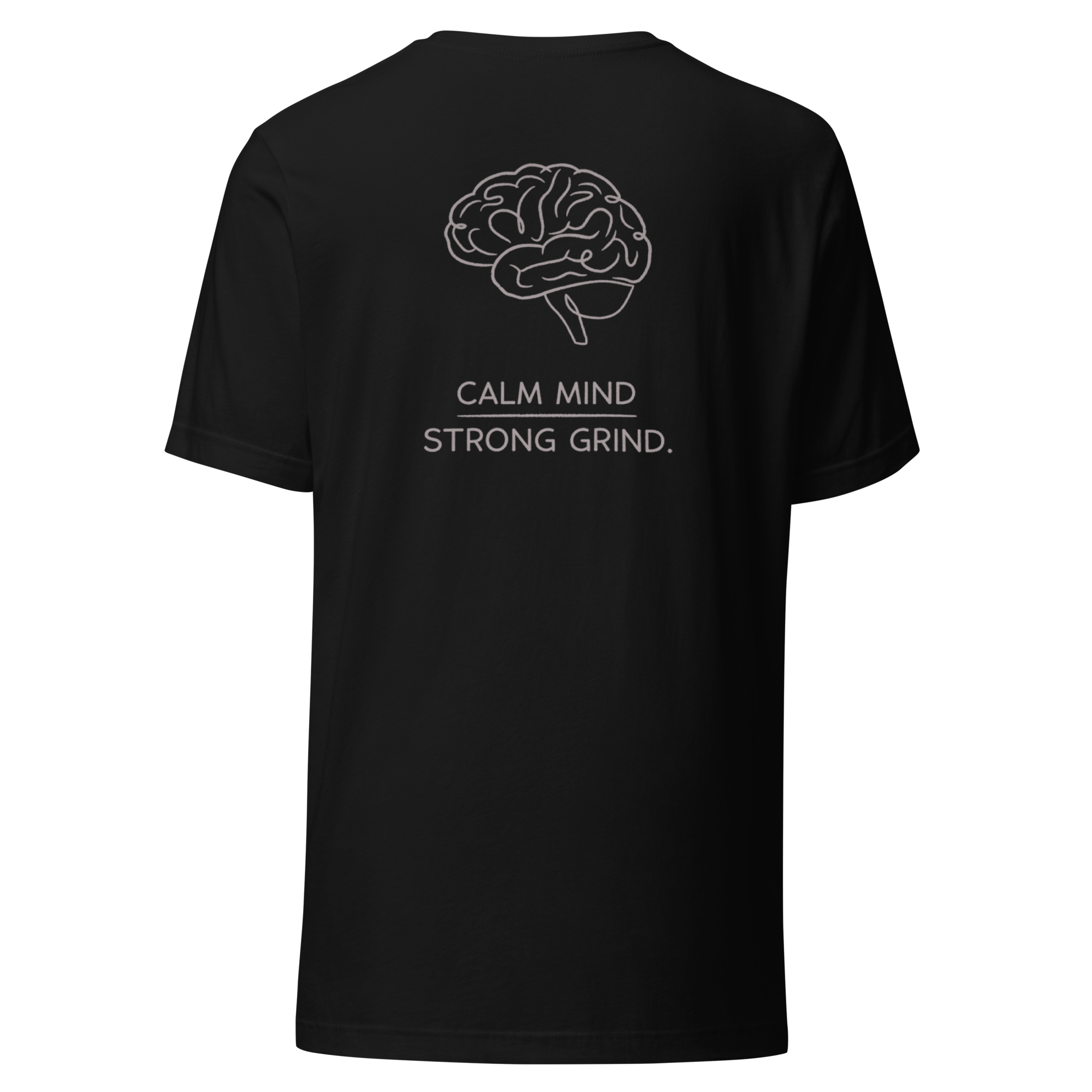 Velmora Calm Mind Strong Grind black premium cotton unisex motivational streetwear t-shirt back view with brain graphic print