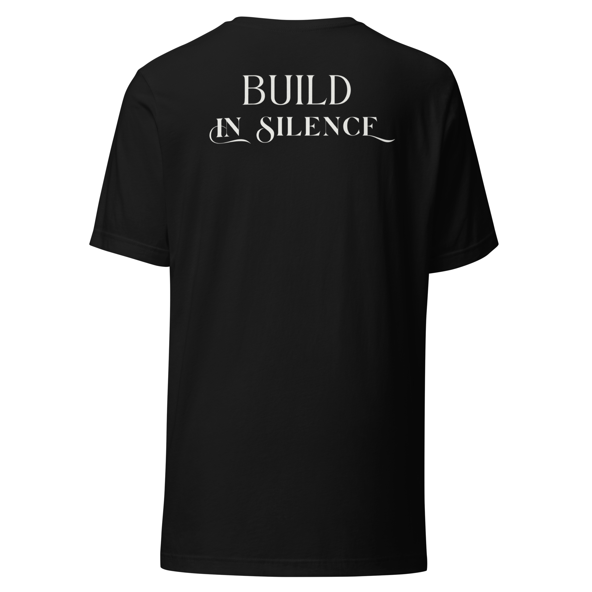 Velmora Build in Silence black premium cotton unisex motivational minimal graphic t-shirt back view with bold typography print