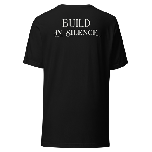 Velmora Build in Silence black premium cotton unisex motivational minimal graphic t-shirt back view with bold typography print