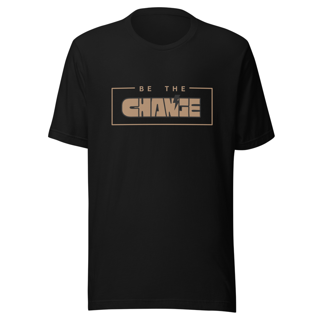 Velmora Be The Change black pemium cotton unisex motivational minimal graphic streetwear t-shirt front view with boxed tyography design 