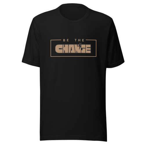 Velmora Be The Change black pemium cotton unisex motivational minimal graphic streetwear t-shirt front view with boxed tyography design 