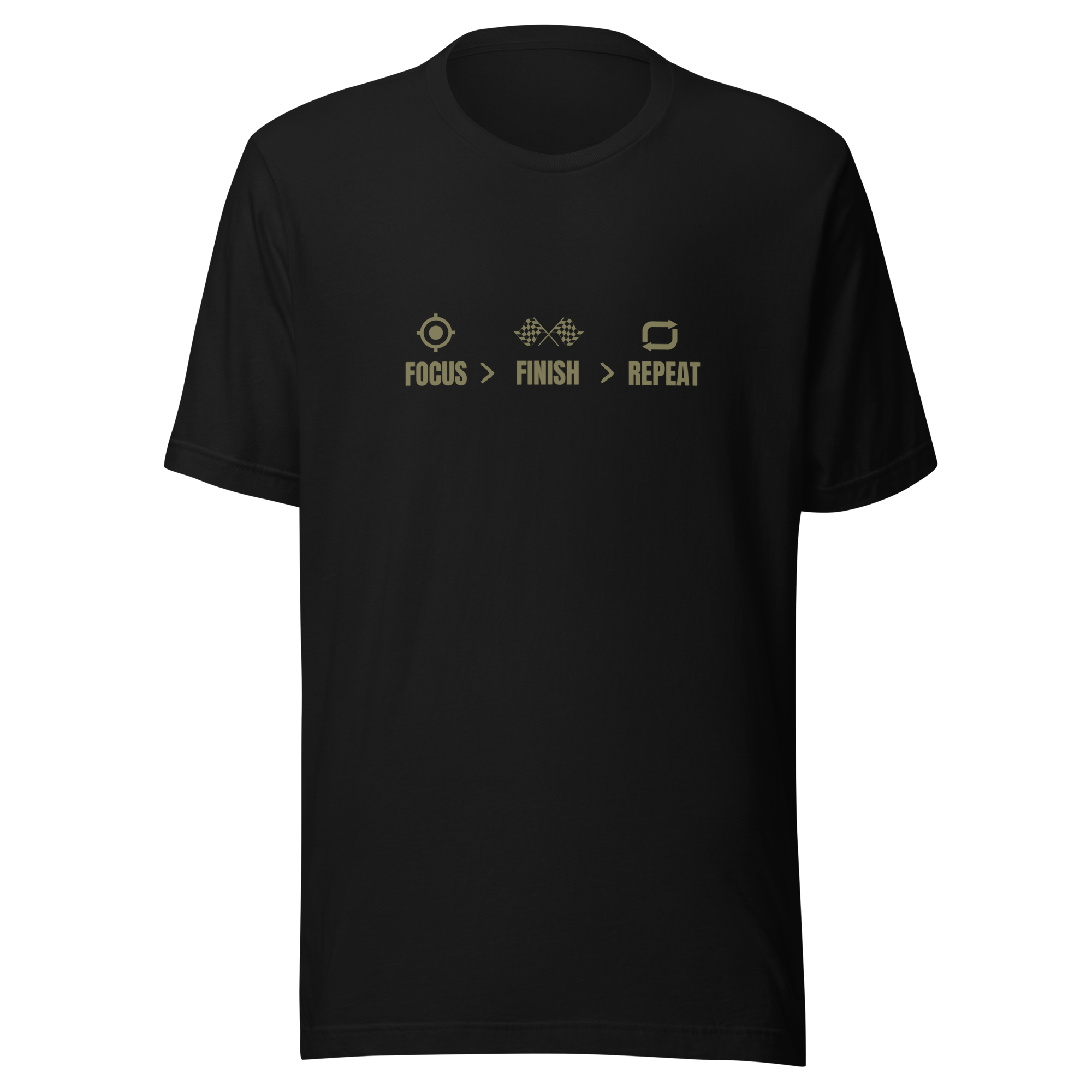 Velmora Focus Finish Repeat black premium cotton unisex motivational minimal grahic streetwear t-shirt front view with icon typography design