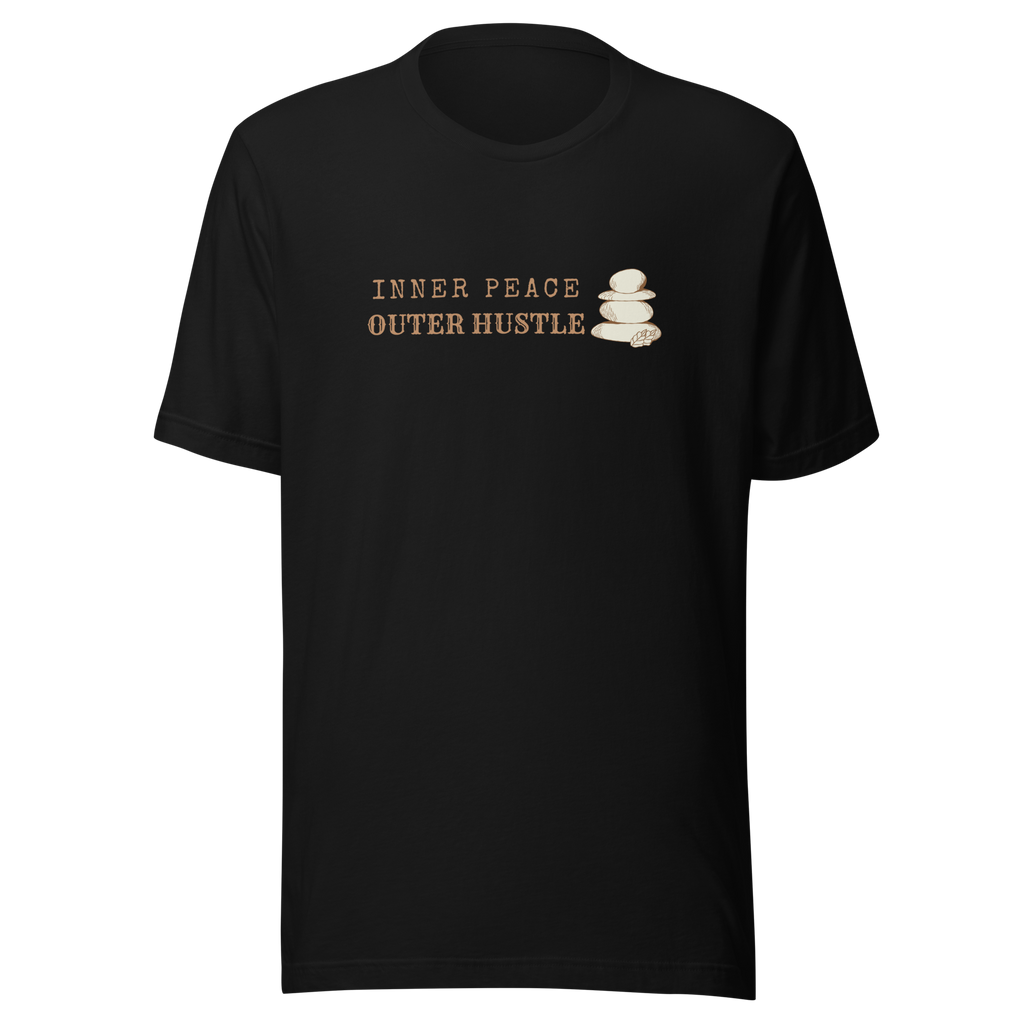 Velmora Inner Peace Outer Hustle black premium cotton unisex motivational minimal graphic streetwear t-shirt front view with stone icon design 