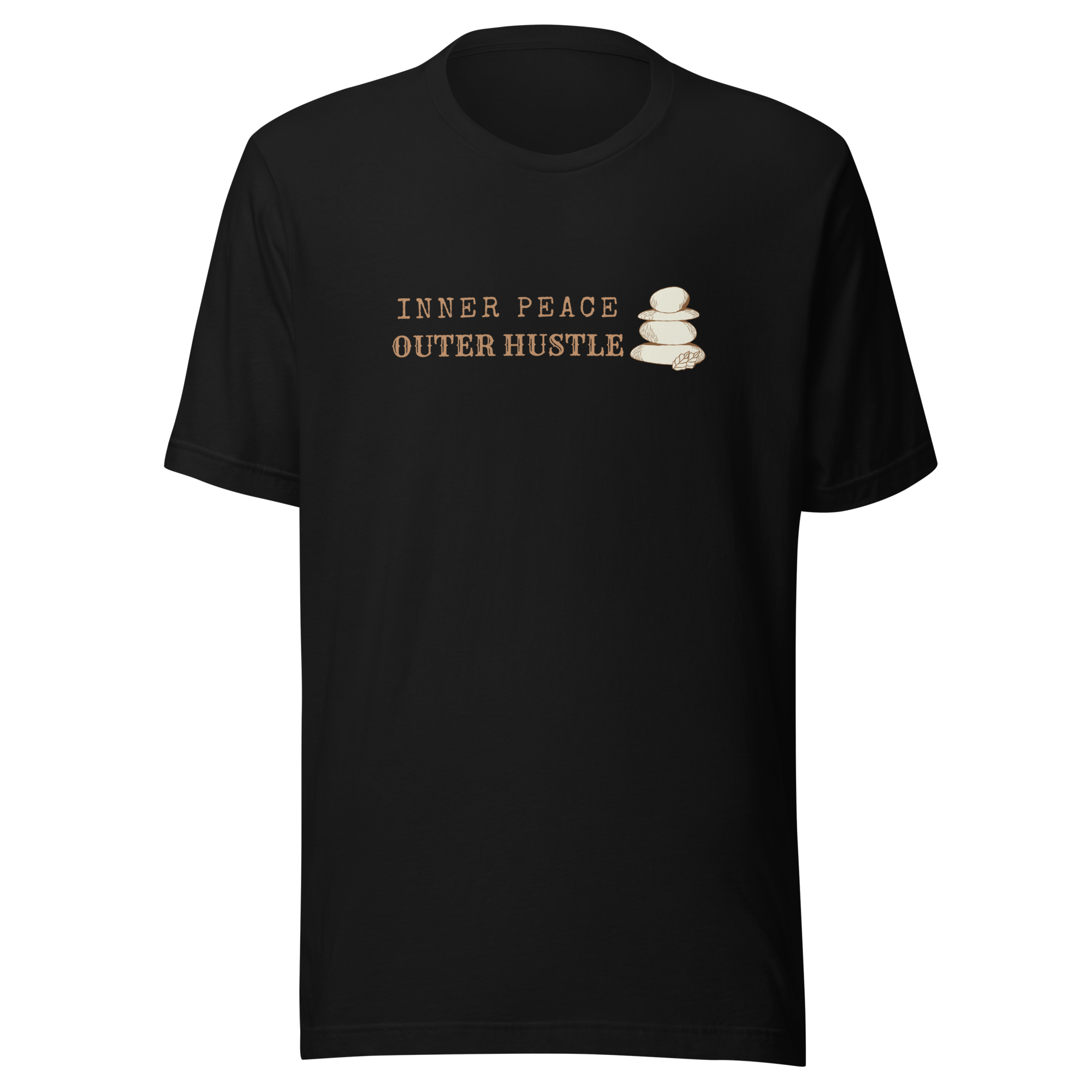 Velmora Inner Peace Outer Hustle black premium cotton unisex motivational minimal graphic streetwear t-shirt front view with stone icon design 