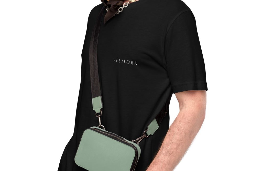 Velmora minimalist logo on left chest of premium cotton unisex streetwear t-shirt front details 