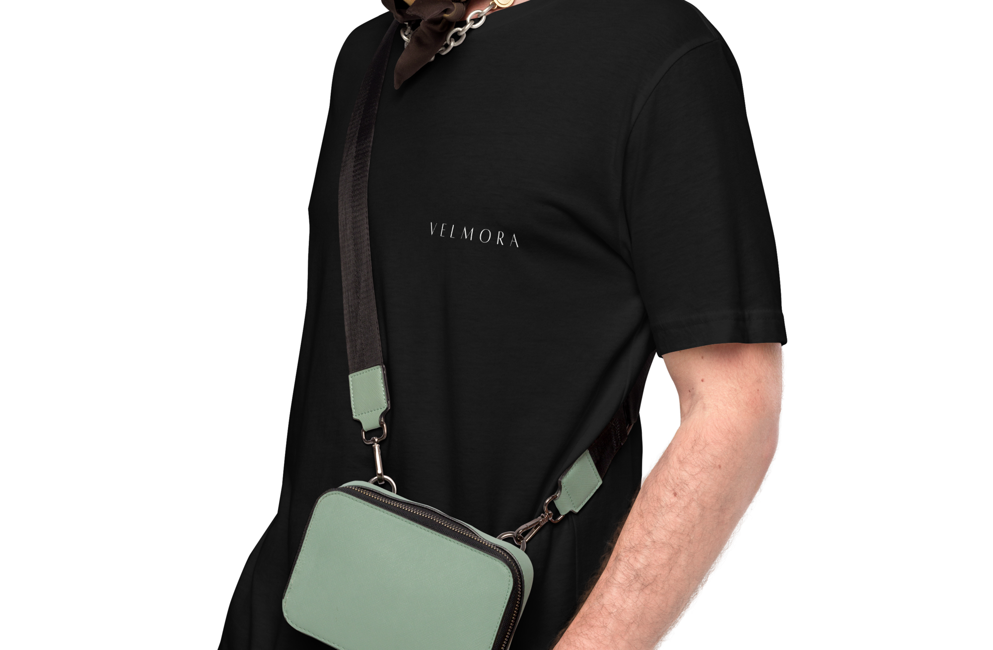 Velmora minimalist logo on left chest of premium cotton unisex streetwear t-shirt front details 