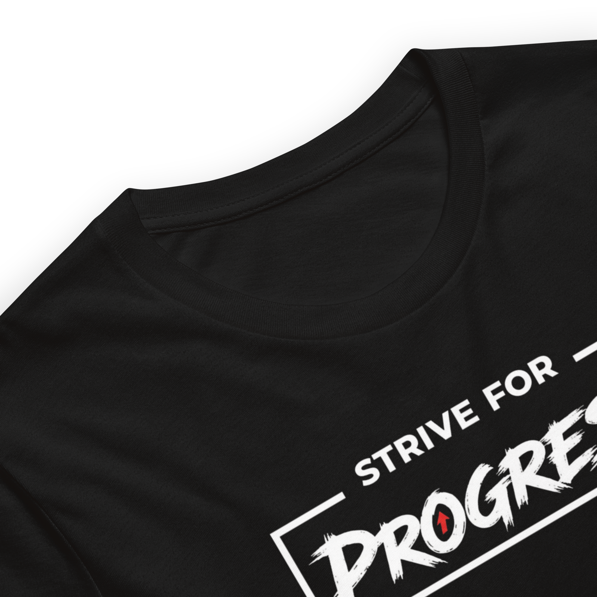 Close up of Strive for Progress text print on Velmora premium cotton minimalist motivational streetwear t-shirt 