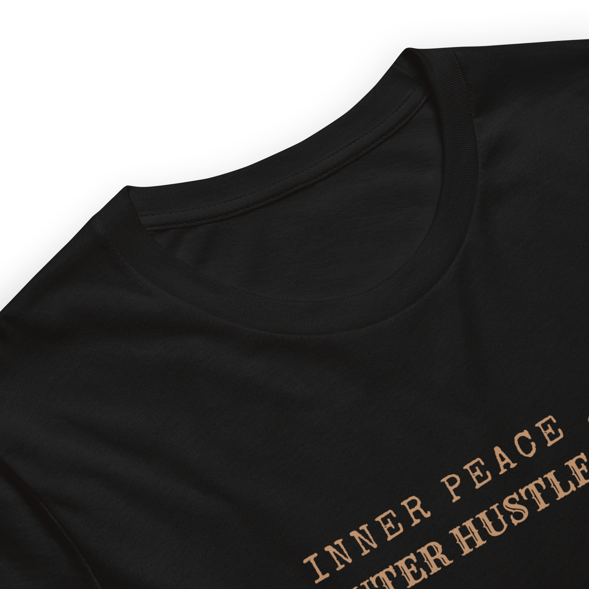 Close up of premium cotton fabric texture of Velmora Inner Peace Outer Hustle graphic t-shirt 