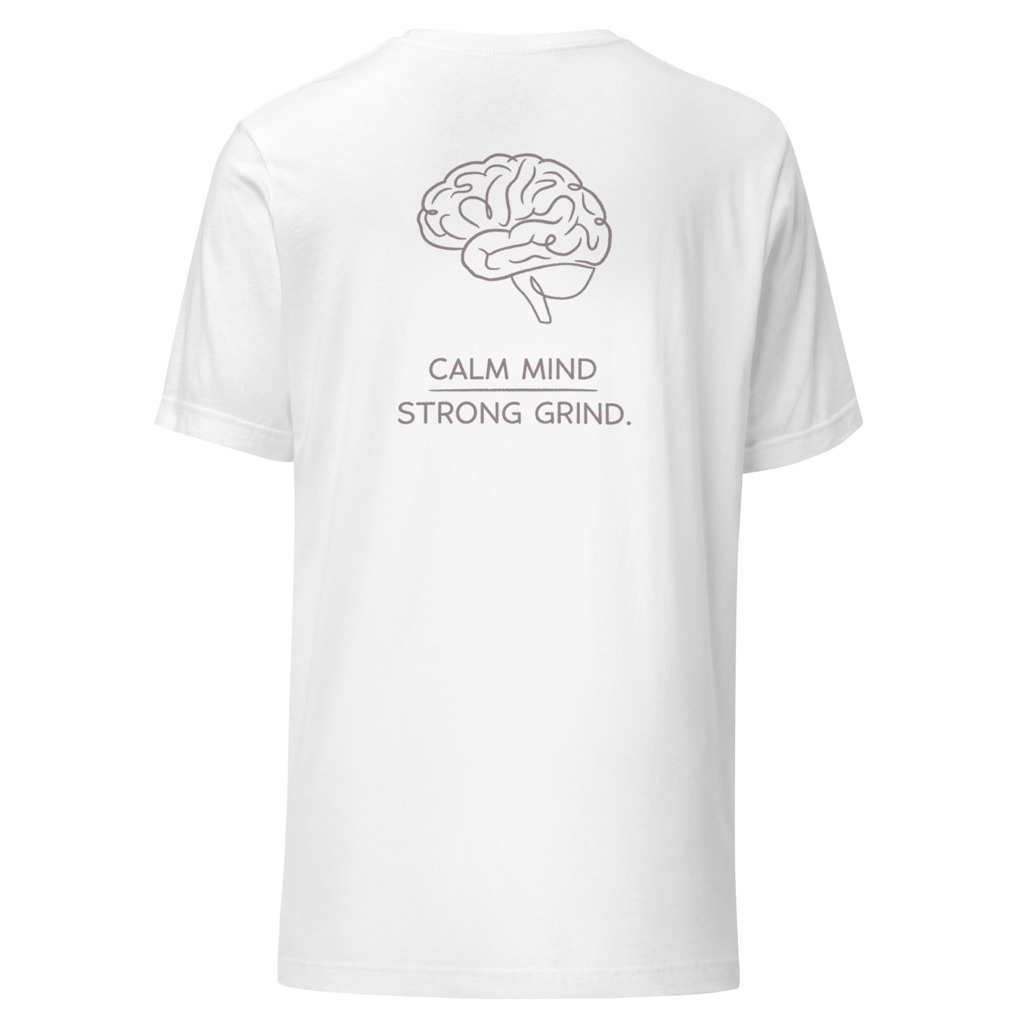 Velmora Calm Mind Strong Grind white premium cotton unisex motivational streetwear t-shirt back view with brain graphic print