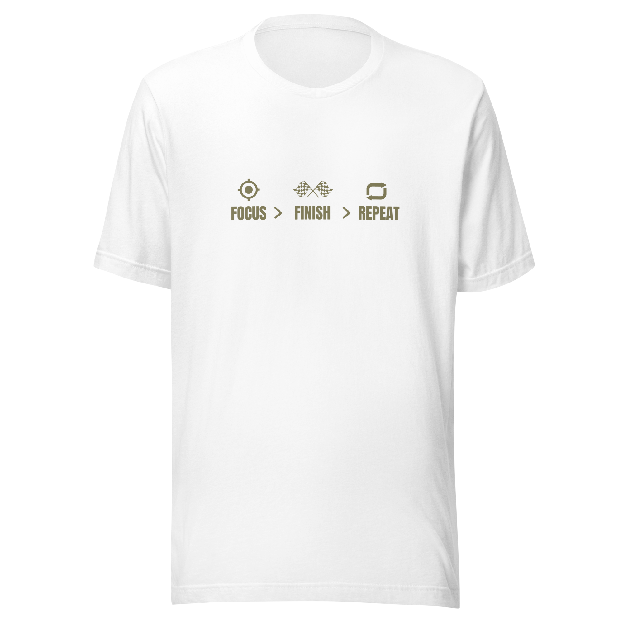 Velmora Focus Finish Repeat white premium cotton unisex minimal motivational graphic t-shirt front design 